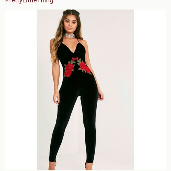 PrettyLittleThing Pants - NWT prettylittlething black velvet rose jumpsuit